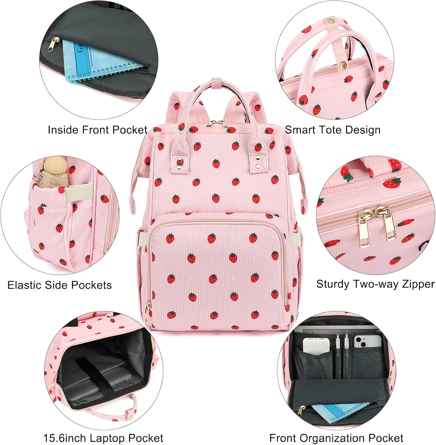 College Laptop Backpack, Travel Backpack for Women, Corduroy Casual Daypack, School Backpack Bookbag for Girls (Pink Corduroy Strawberry)