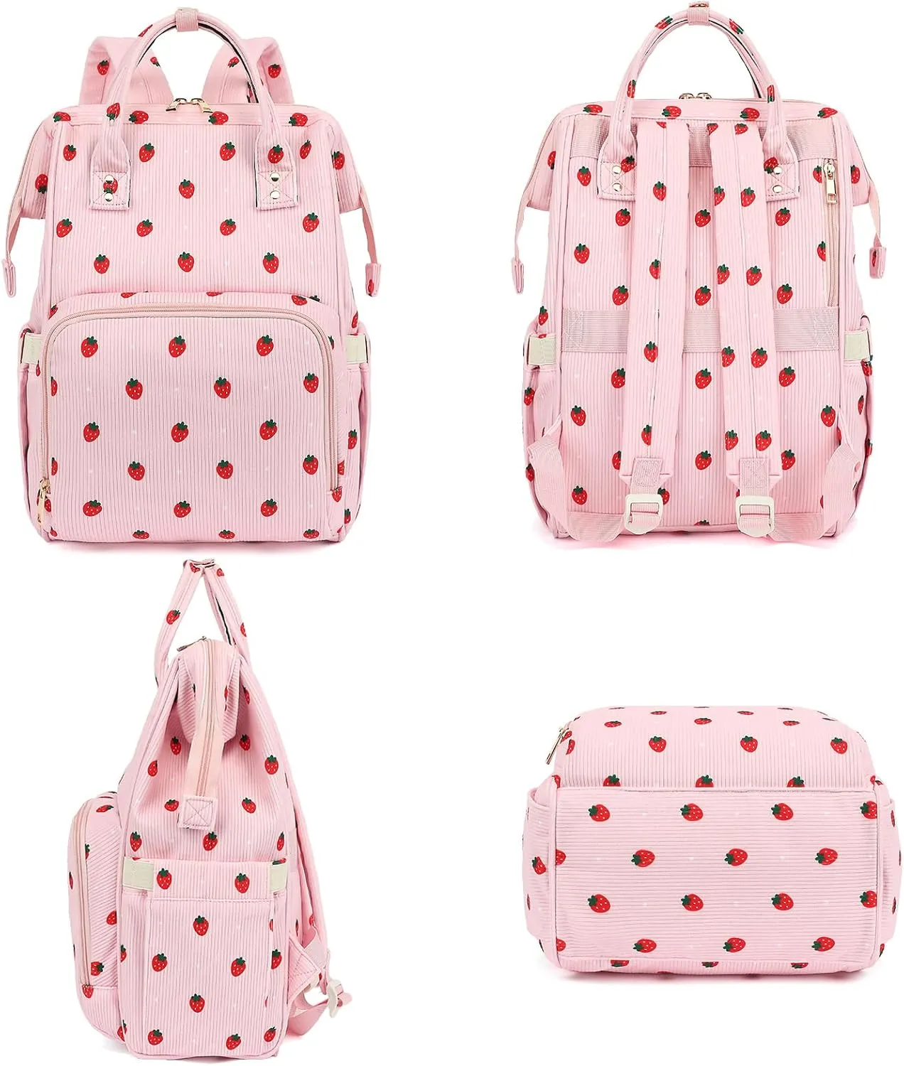 College Laptop Backpack, Travel Backpack for Women, Corduroy Casual Daypack, School Backpack Bookbag for Girls (Pink Corduroy Strawberry)