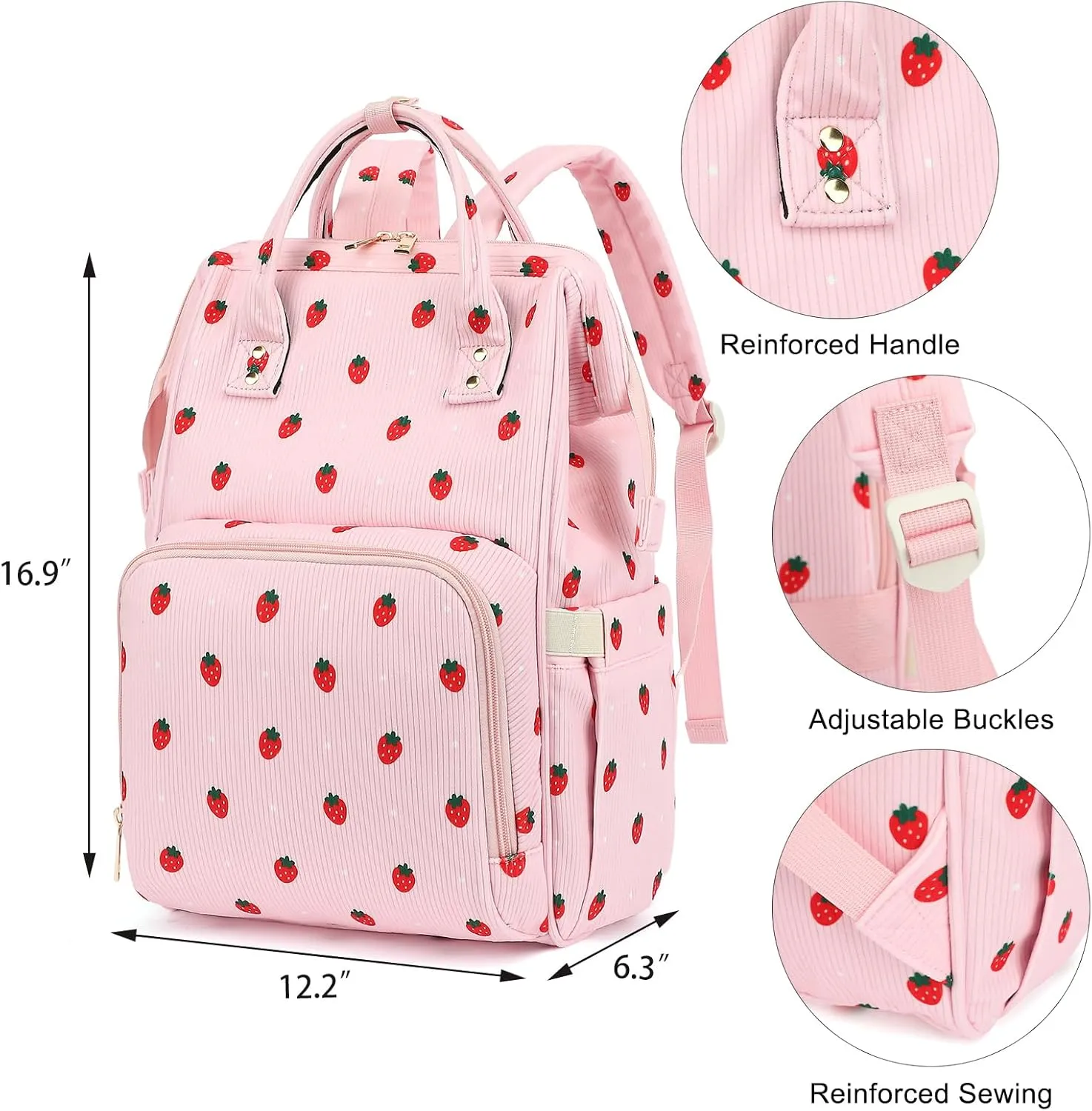 College Laptop Backpack, Travel Backpack for Women, Corduroy Casual Daypack, School Backpack Bookbag for Girls (Pink Corduroy Strawberry)