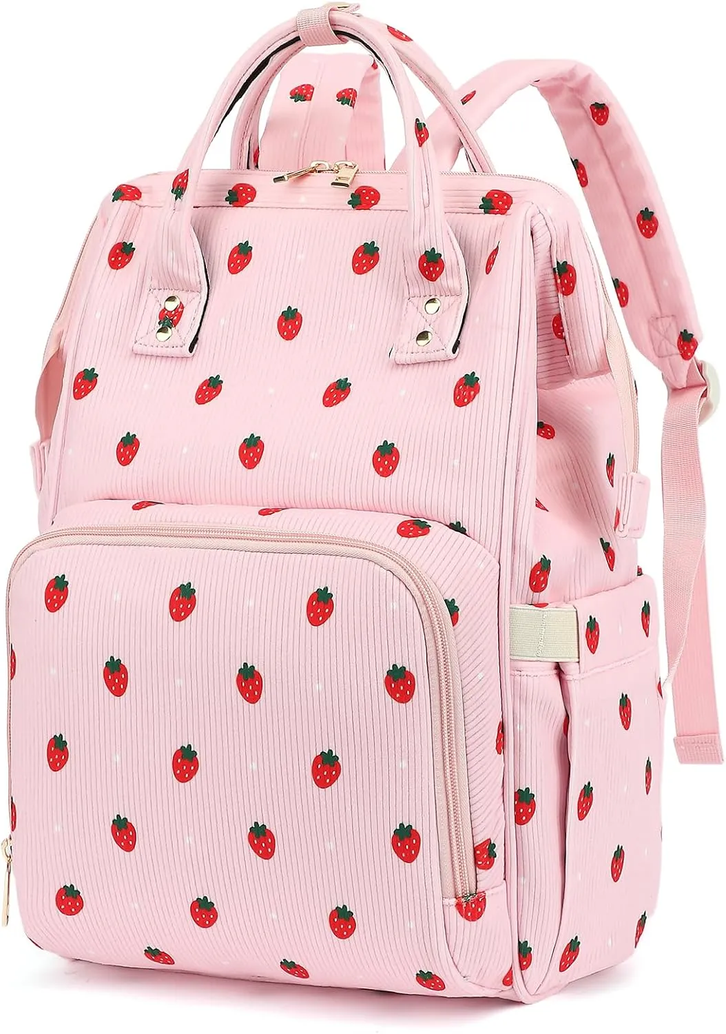 College Laptop Backpack, Travel Backpack for Women, Corduroy Casual Daypack, School Backpack Bookbag for Girls (Pink Corduroy Strawberry)
