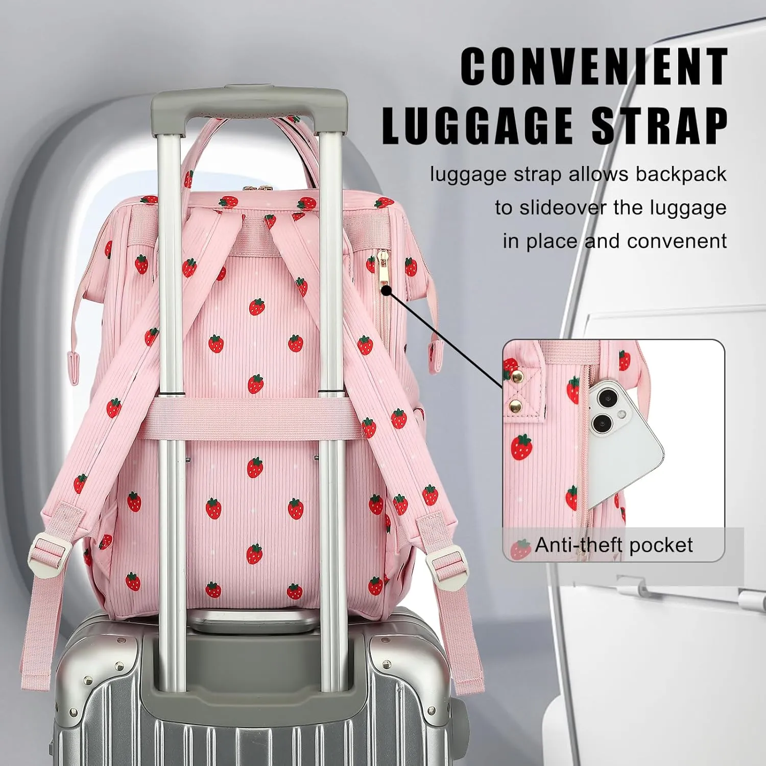 College Laptop Backpack, Travel Backpack for Women, Corduroy Casual Daypack, School Backpack Bookbag for Girls (Pink Corduroy Strawberry)
