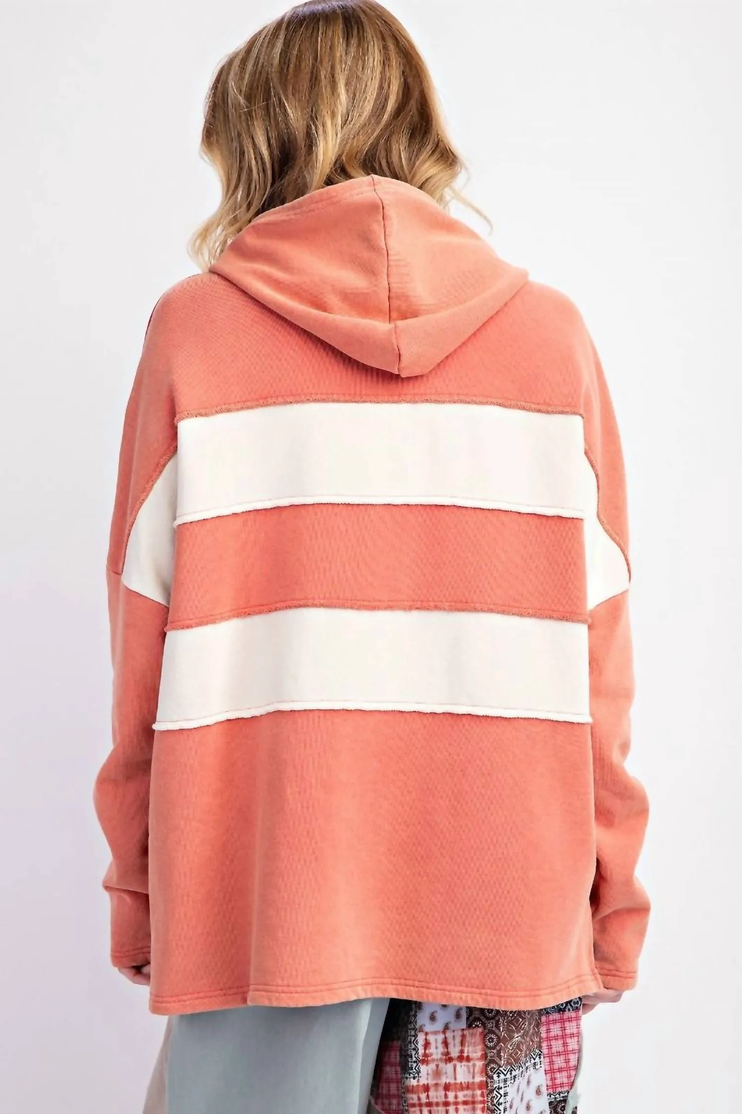 Color Block Washed Hoodie In Coral