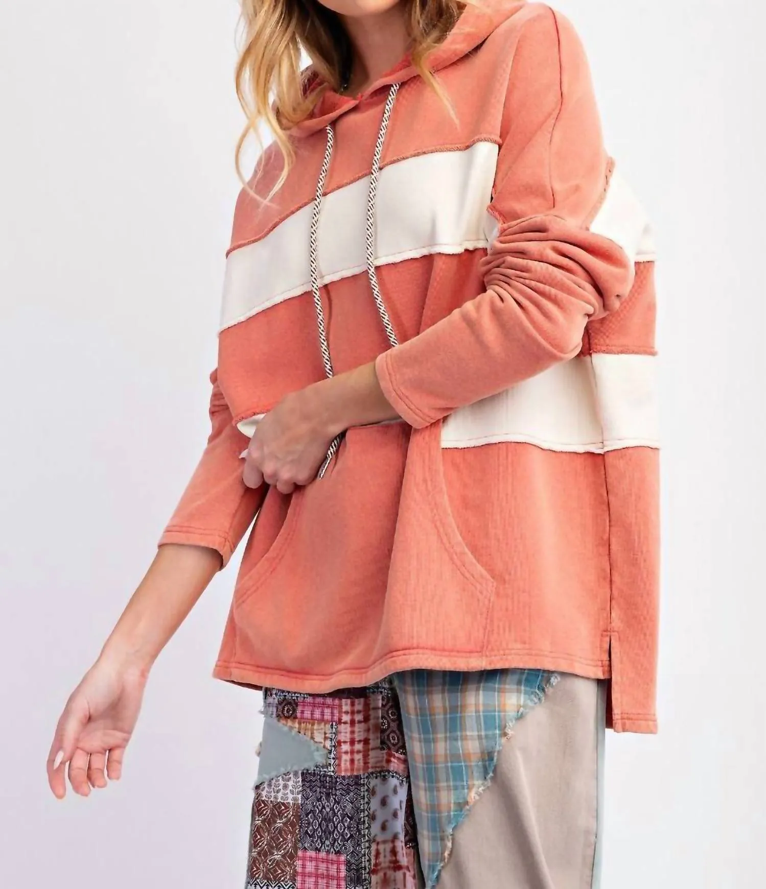 Color Block Washed Hoodie In Coral