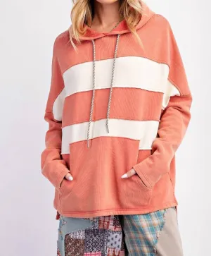 Color Block Washed Hoodie In Coral