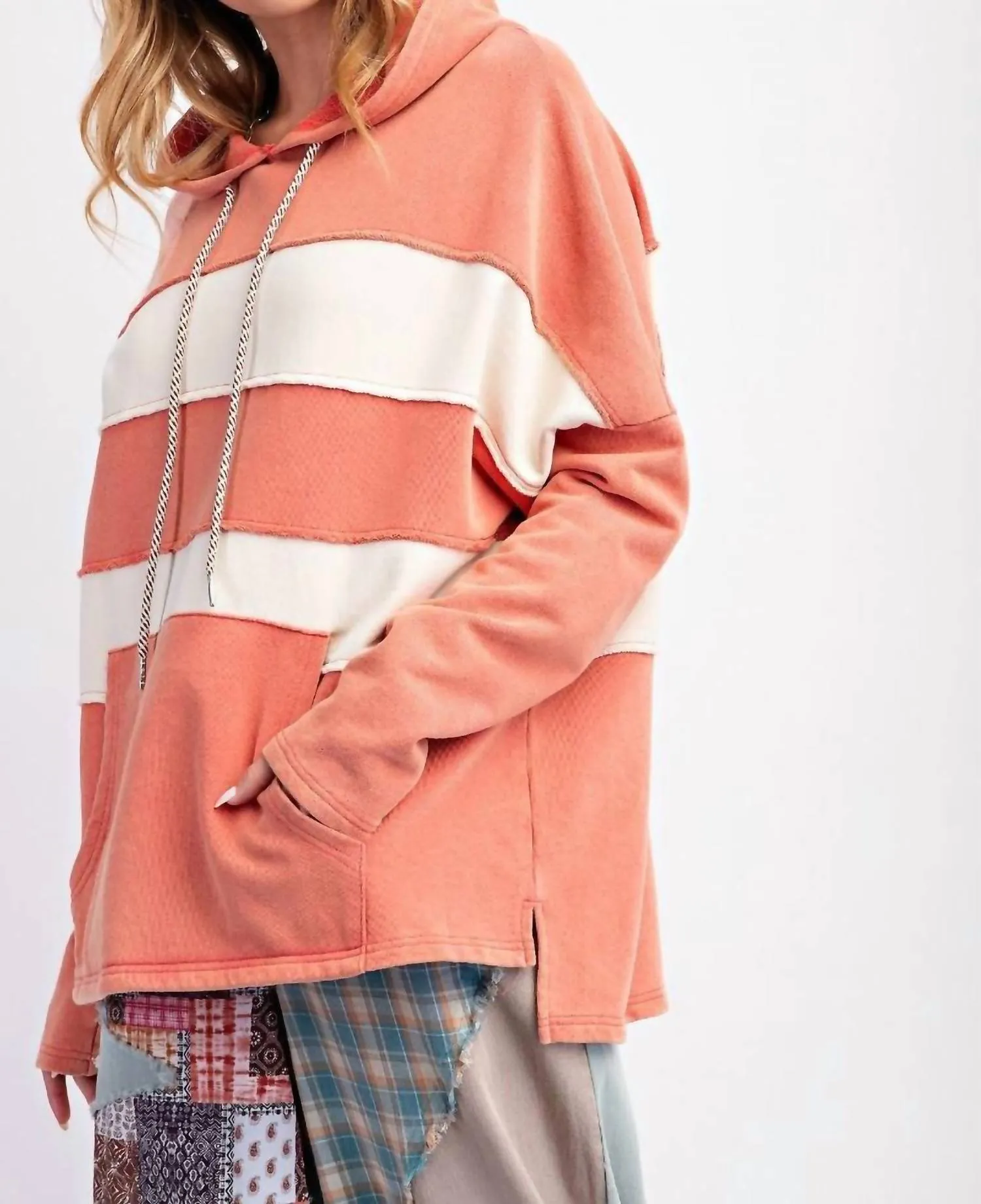 Color Block Washed Hoodie In Coral