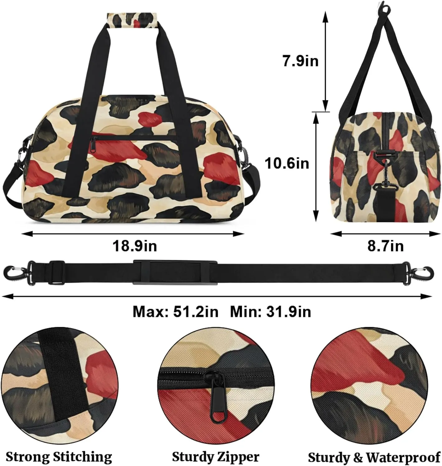 Colored Leopard Print Gym Bag for Women Men, Sports Travel Duffel Bag Lightweight Workout Bag Carry On Overnight Weekender Bag