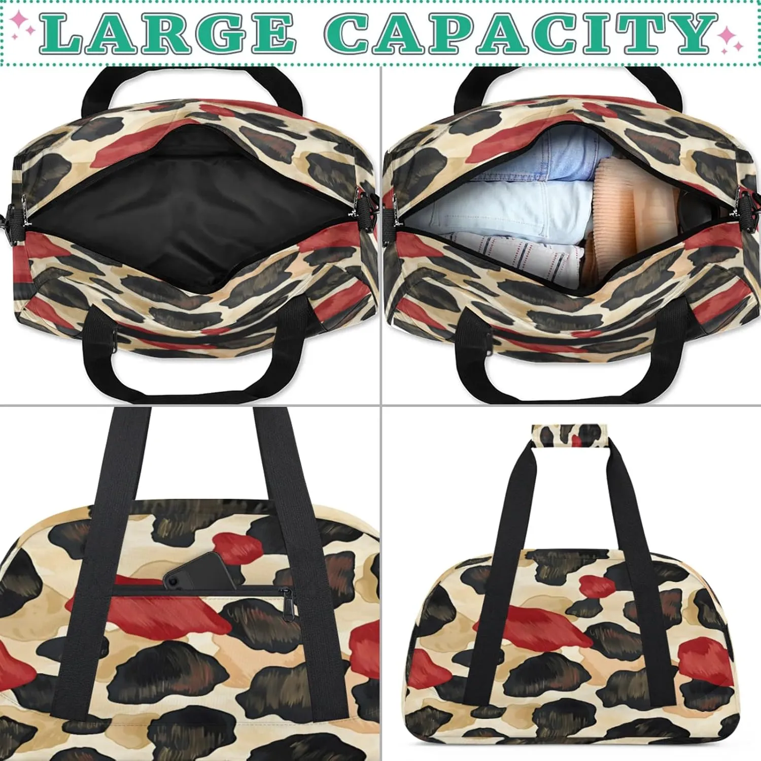 Colored Leopard Print Gym Bag for Women Men, Sports Travel Duffel Bag Lightweight Workout Bag Carry On Overnight Weekender Bag