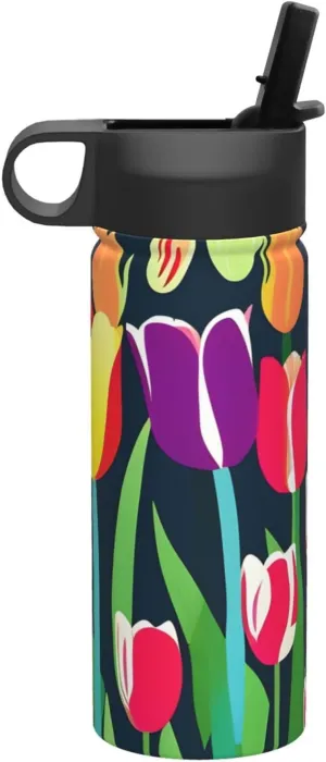 Colorful Tulips Print Flask Stainless Steel Water Bottle with Straw 18OZ FOR Outdoor Gym Commute