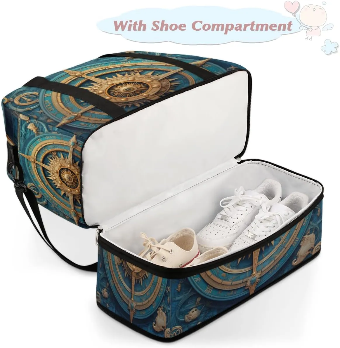 Compass Printed Foldable Duffle Bag with Shoes Compartment Large Capacity Waterproof Travel Weekender Bag Overnight Bag for Sports Gym