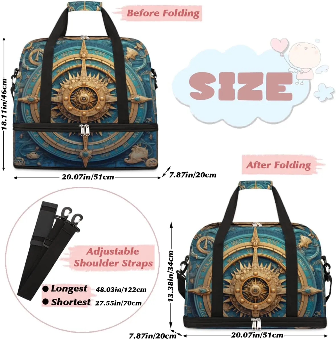 Compass Printed Foldable Duffle Bag with Shoes Compartment Large Capacity Waterproof Travel Weekender Bag Overnight Bag for Sports Gym