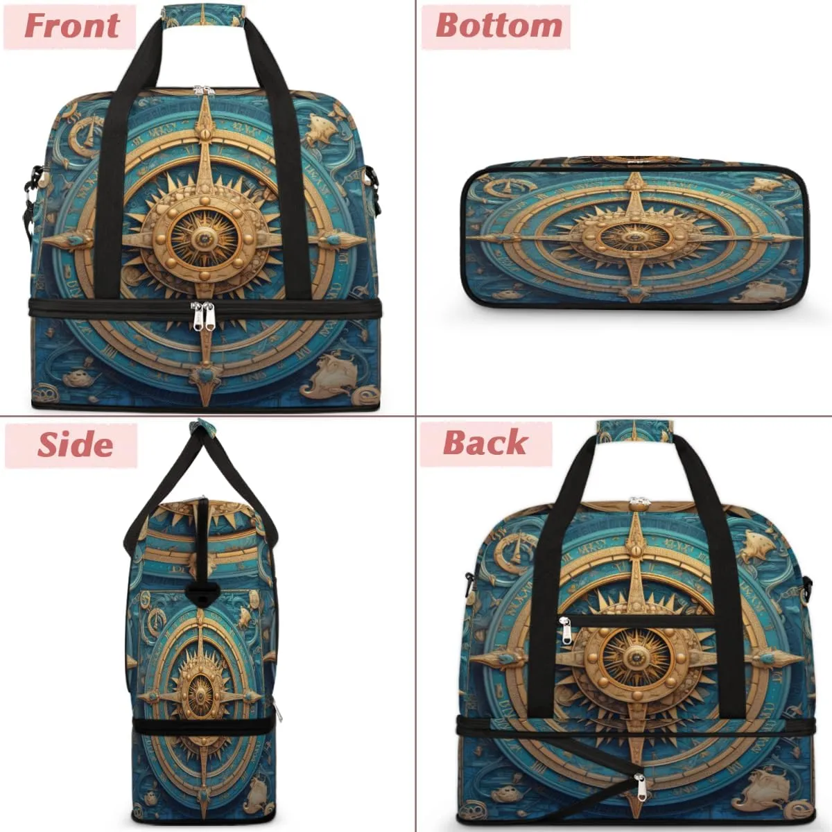 Compass Printed Foldable Duffle Bag with Shoes Compartment Large Capacity Waterproof Travel Weekender Bag Overnight Bag for Sports Gym