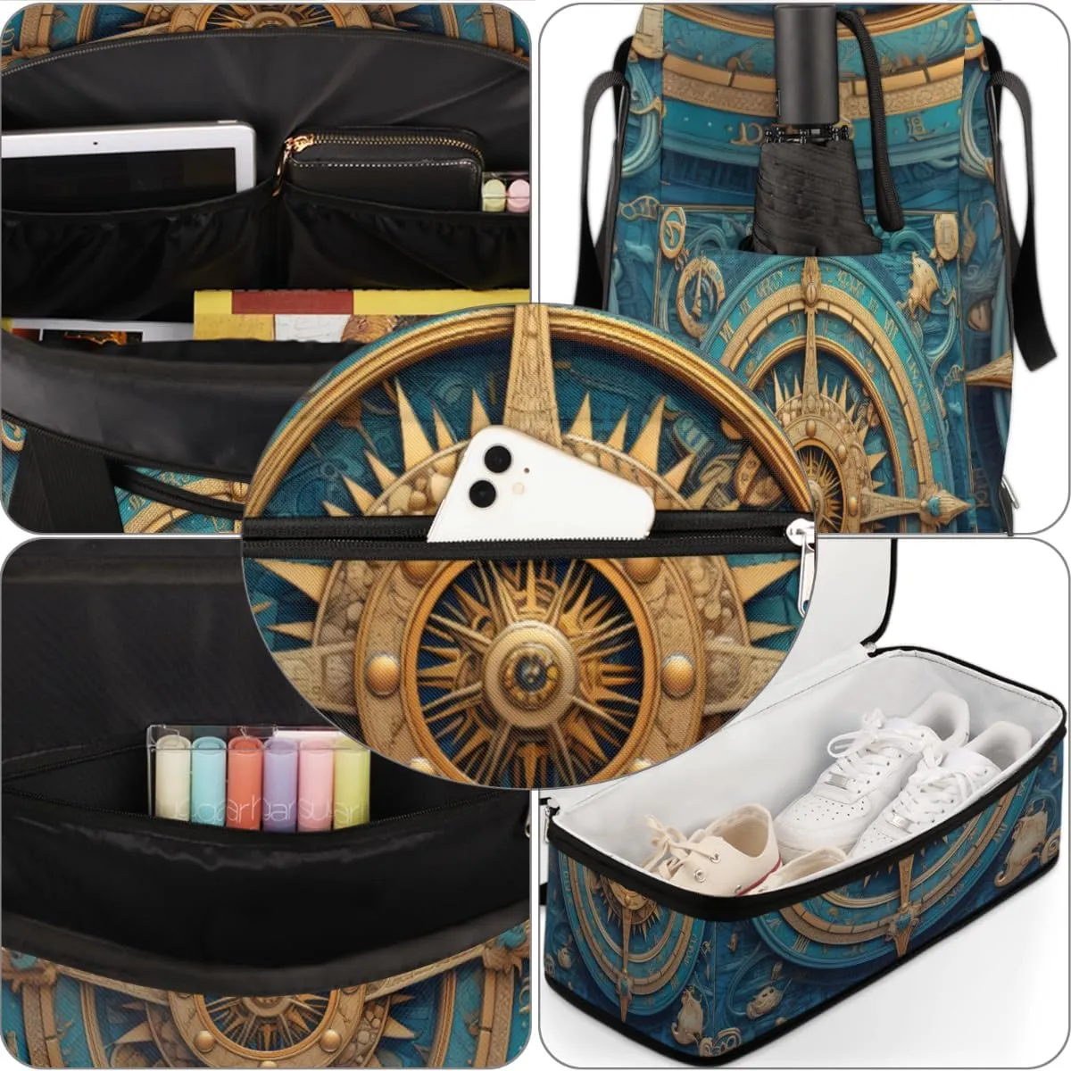 Compass Printed Foldable Duffle Bag with Shoes Compartment Large Capacity Waterproof Travel Weekender Bag Overnight Bag for Sports Gym