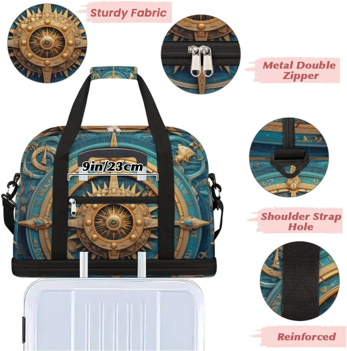 Compass Printed Foldable Duffle Bag with Shoes Compartment Large Capacity Waterproof Travel Weekender Bag Overnight Bag for Sports Gym
