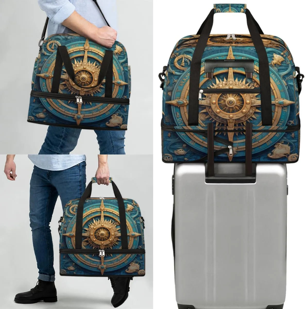 Compass Printed Foldable Duffle Bag with Shoes Compartment Large Capacity Waterproof Travel Weekender Bag Overnight Bag for Sports Gym