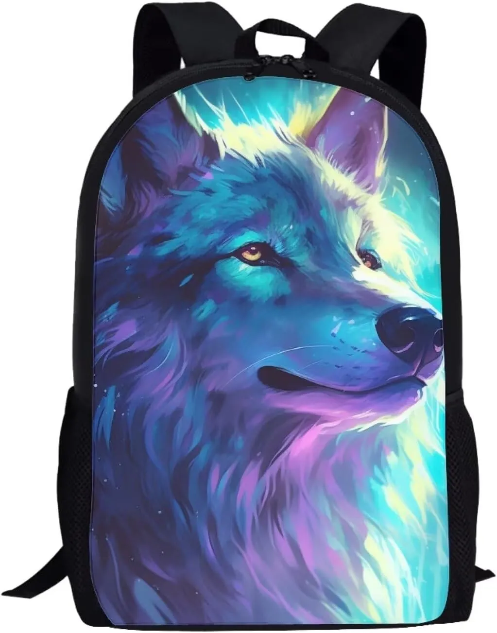 Cool Wolf Backpack for Boys Girls Novelty Cute Graphic Animal Print School Backpack 17 Inch Student Lightweight Comfy Black Kids Bookbag with Side Mesh Pocket