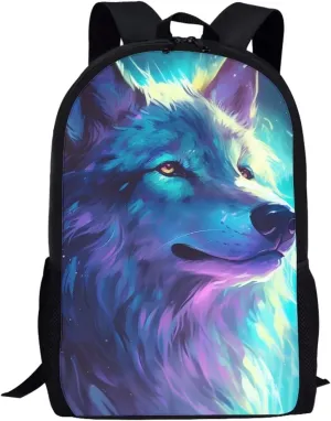 Cool Wolf Backpack for Boys Girls Novelty Cute Graphic Animal Print School Backpack 17 Inch Student Lightweight Comfy Black Kids Bookbag with Side Mesh Pocket