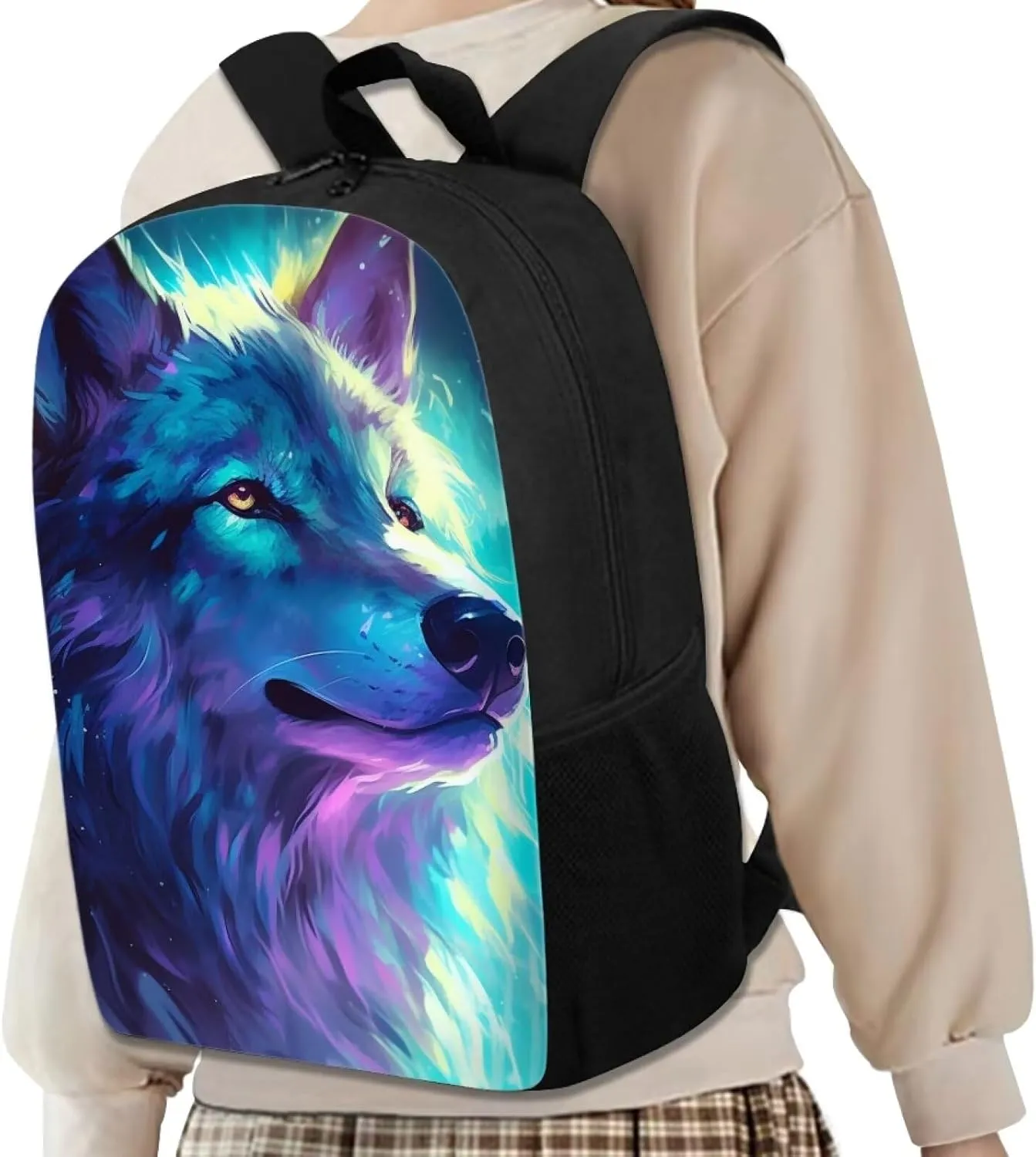 Cool Wolf Backpack for Boys Girls Novelty Cute Graphic Animal Print School Backpack 17 Inch Student Lightweight Comfy Black Kids Bookbag with Side Mesh Pocket