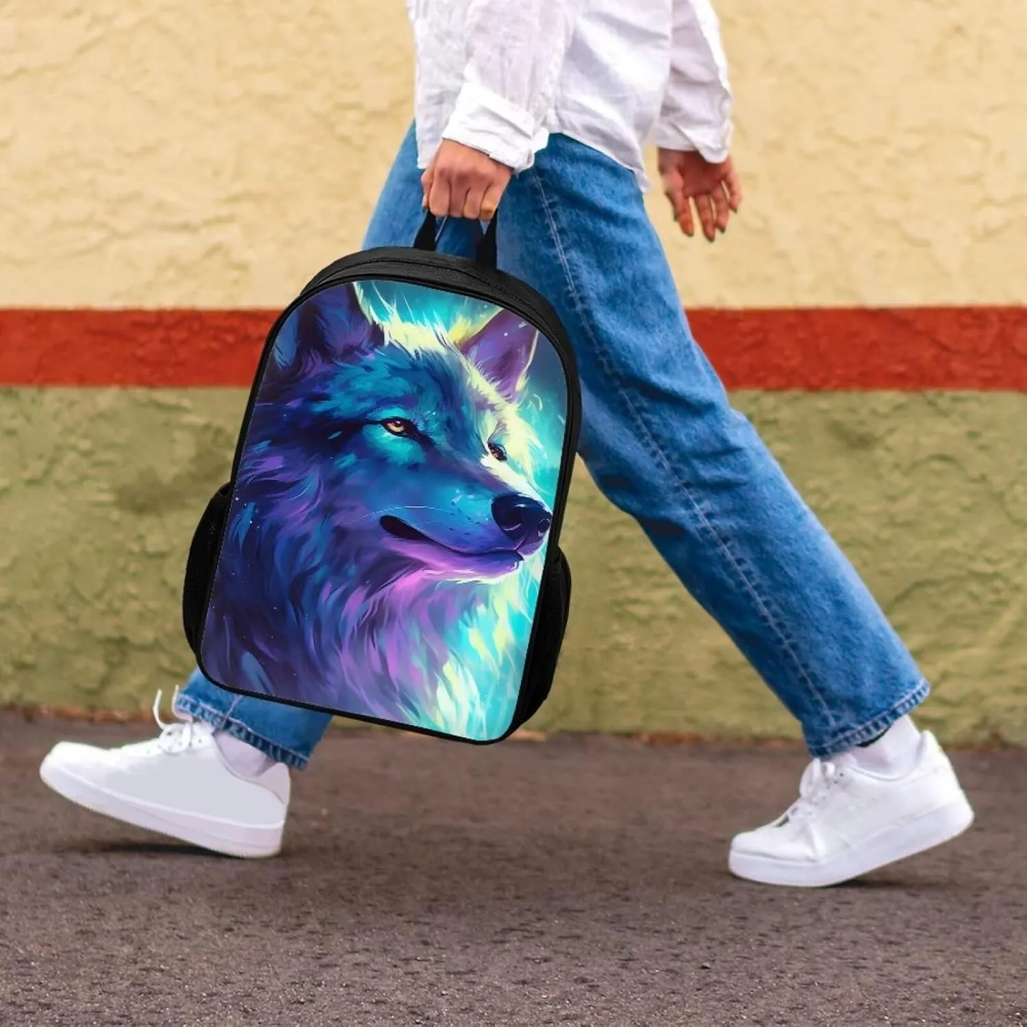 Cool Wolf Backpack for Boys Girls Novelty Cute Graphic Animal Print School Backpack 17 Inch Student Lightweight Comfy Black Kids Bookbag with Side Mesh Pocket