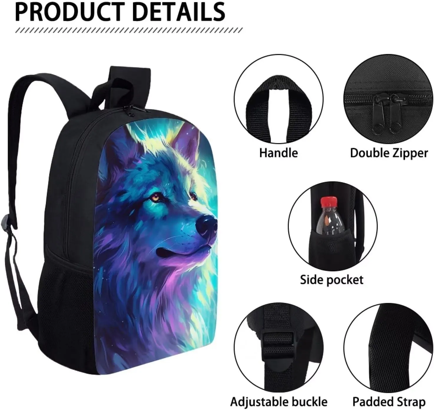 Cool Wolf Backpack for Boys Girls Novelty Cute Graphic Animal Print School Backpack 17 Inch Student Lightweight Comfy Black Kids Bookbag with Side Mesh Pocket