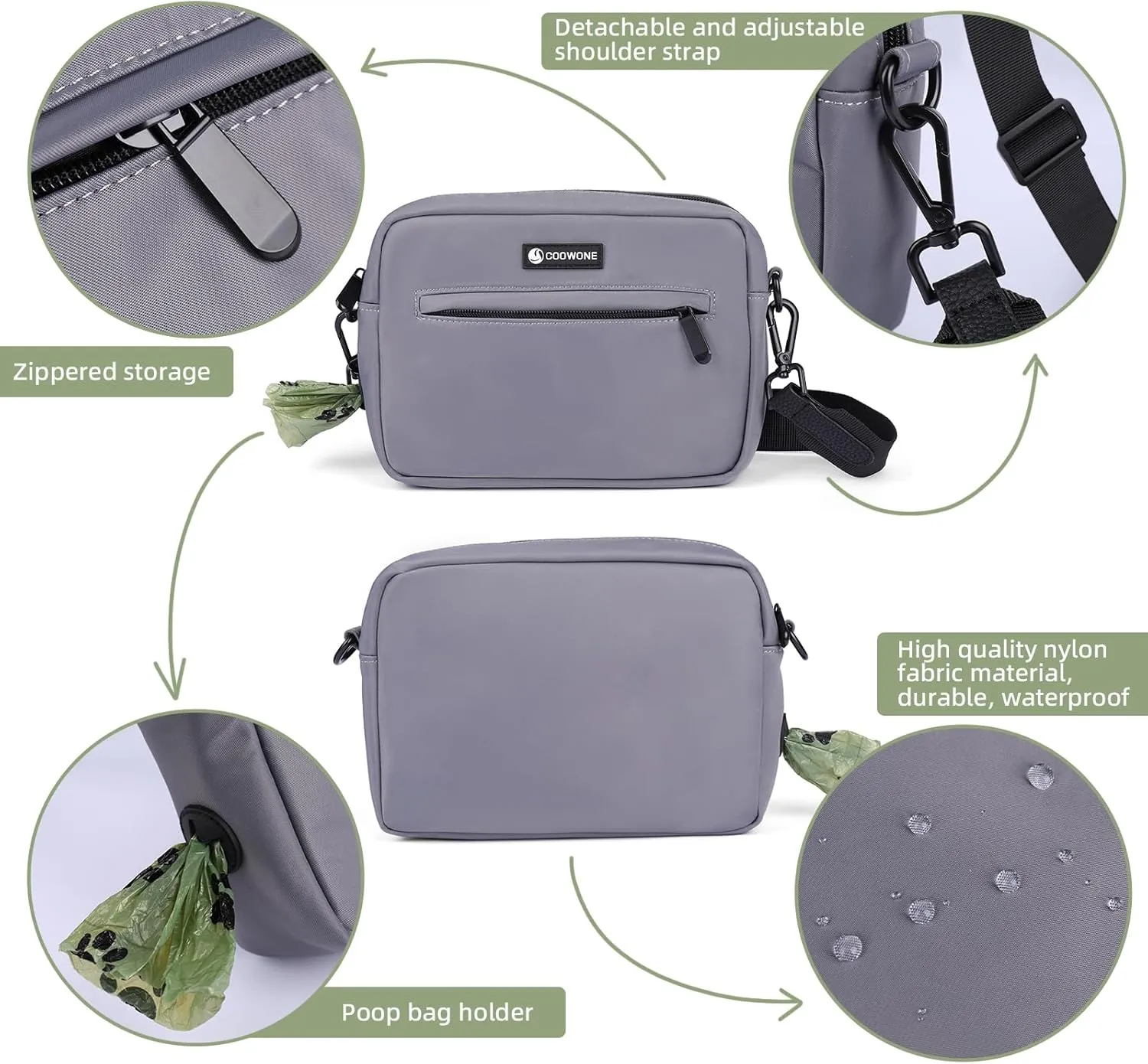 COOWONE Dog Training Treat Pouch for Treats, Kibbles, Toys, Fanny Pack with Small Pouch, Cross-Body Bag Built in Poop Dispenser, Pet Food Carrier Bag Outdoor Travel Shoulder Bag (Light Gray)