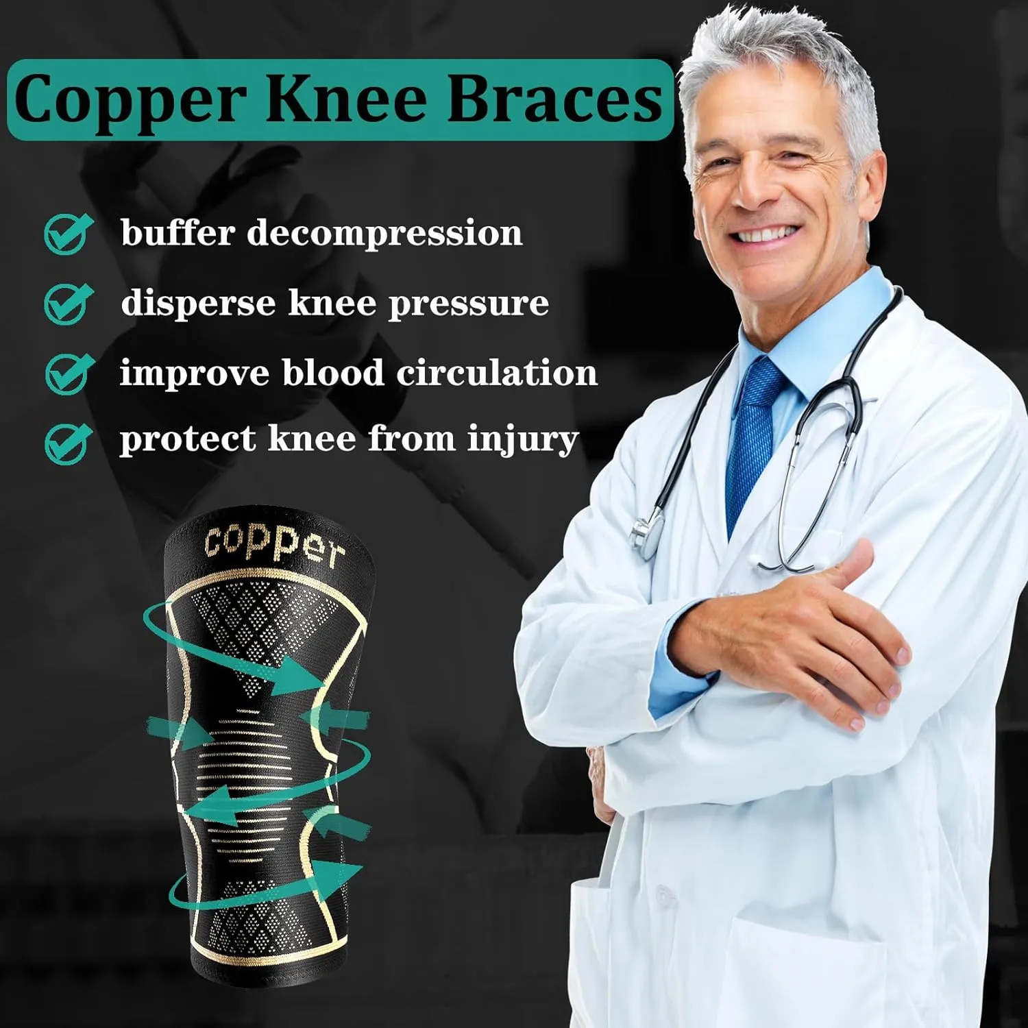 Copper Knee Braces for Women and Men 2 Pack, Knee Compression Sleeve for Knee Pain, Arthritis,ACL, Meniscus Tear, Joint Pain Relief, Knee Support for Running, Working Out, Fitness, Weightlifting-M
