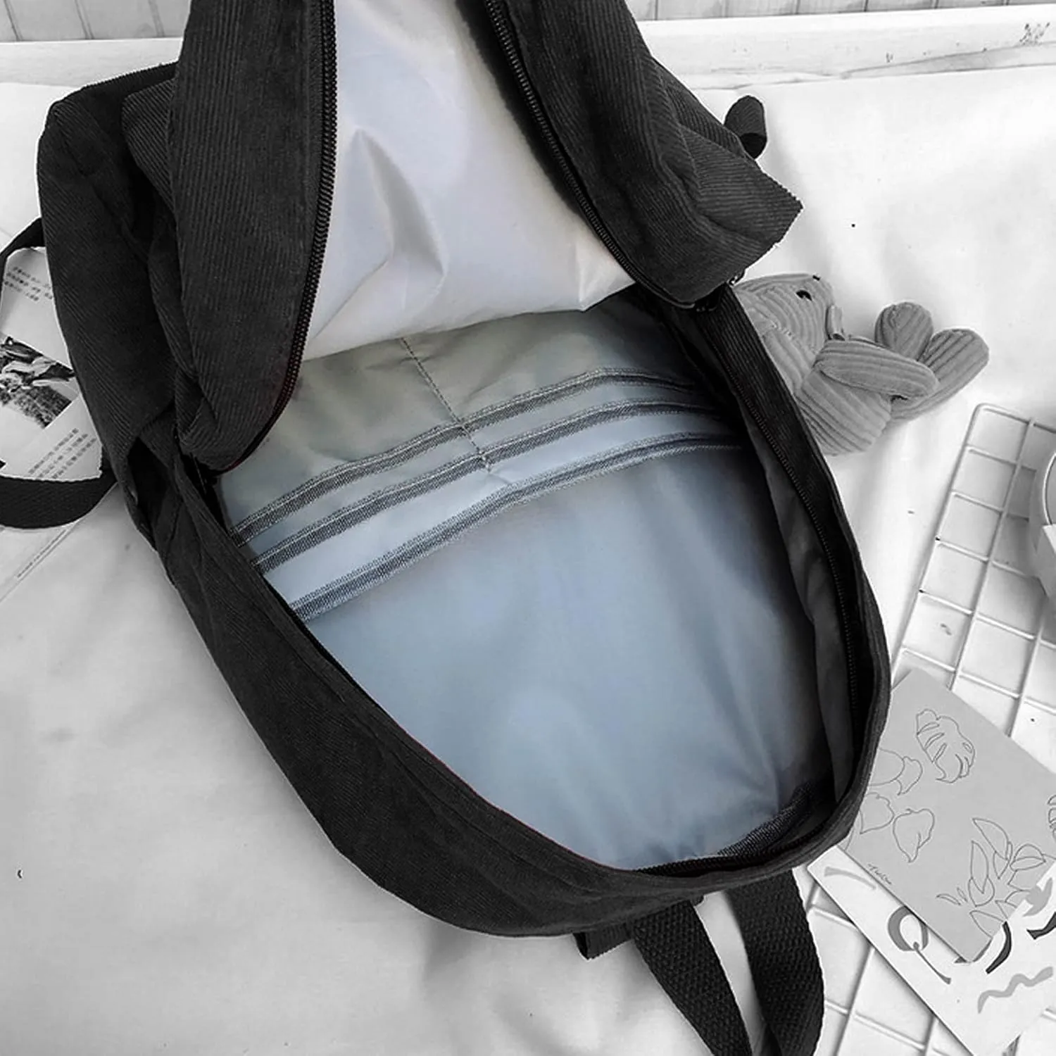 Corduroy Backpack, Travel Casual Rucksack Daypack Capacity Book Bag Laptop Bag for Women Men, Black