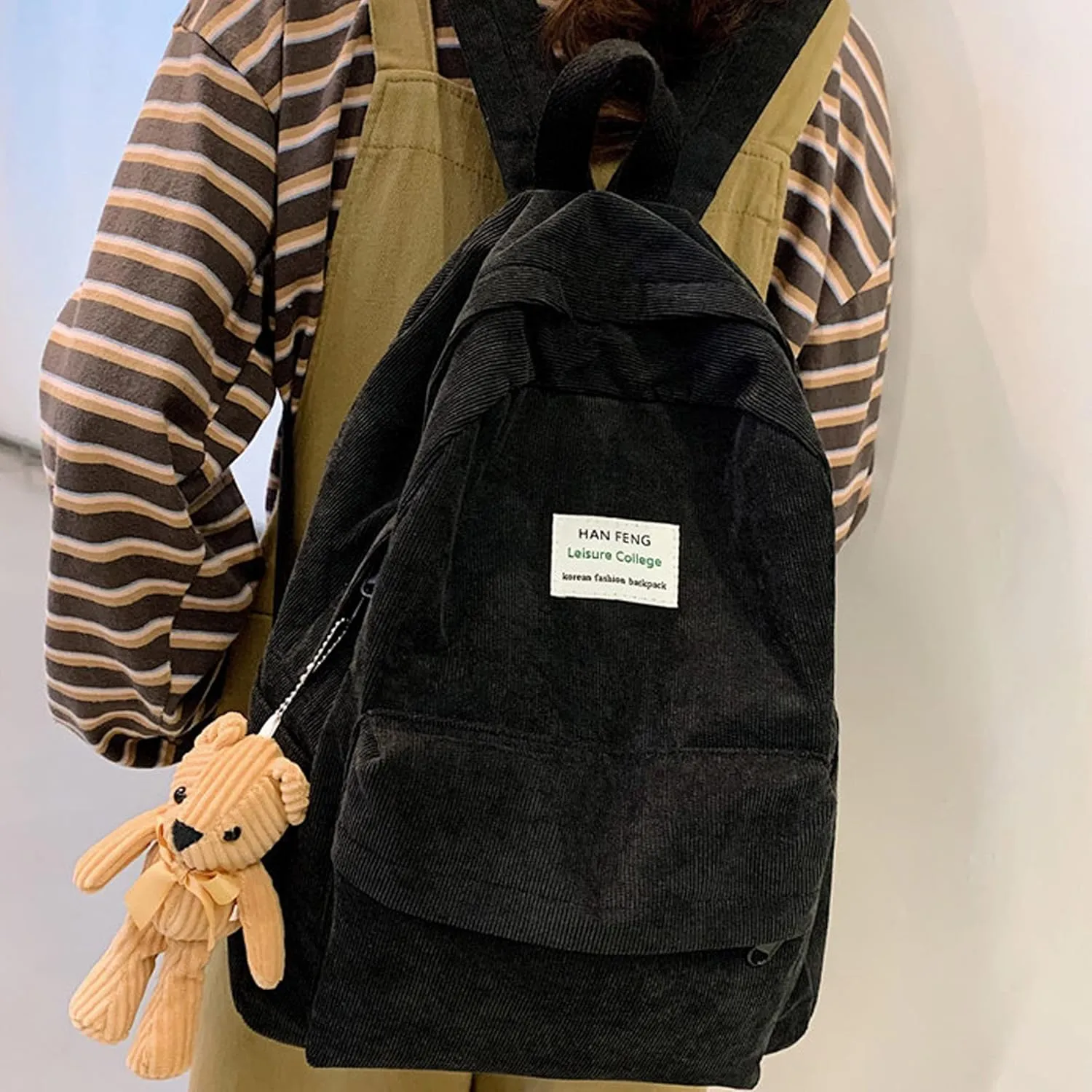 Corduroy Backpack, Travel Casual Rucksack Daypack Capacity Book Bag Laptop Bag for Women Men, Black
