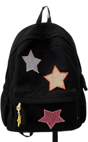 Corduroy Backpack with Star Pattern, Trendy and Versatile, Fits 14'' Laptop Large Capacity Daily Commute (Black)