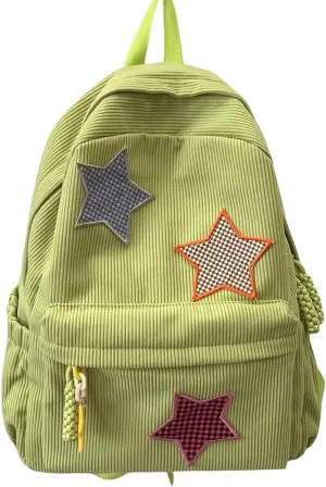 Corduroy Backpack with Star Pattern, Trendy and Versatile, Fits 14'' Laptop Large Capacity Daily Commute (Green)