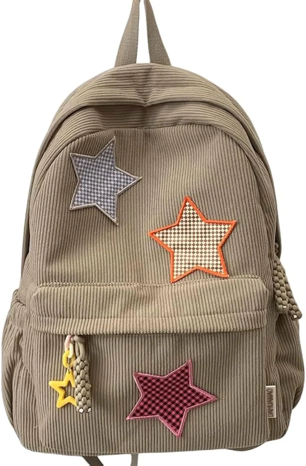 Corduroy Backpack with Star Pattern, Trendy and Versatile, Fits 14'' Laptop Large Capacity Daily Commute (Khaki)