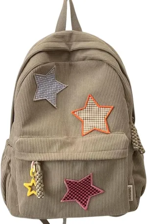 Corduroy Backpack with Star Pattern, Trendy and Versatile, Fits 14'' Laptop Large Capacity Daily Commute (Khaki)