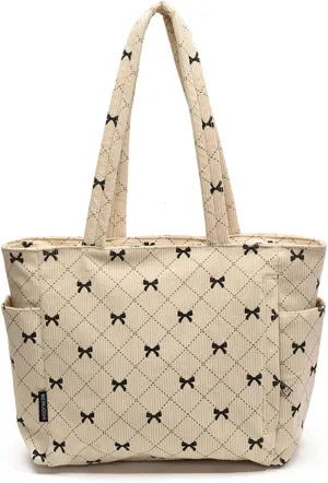 Corduroy Bow Tote Bag for Women Cute Bow Print Shoulder Purse Handbag Corduroy Underarm Bag Trendy Handbag Purse for Travel