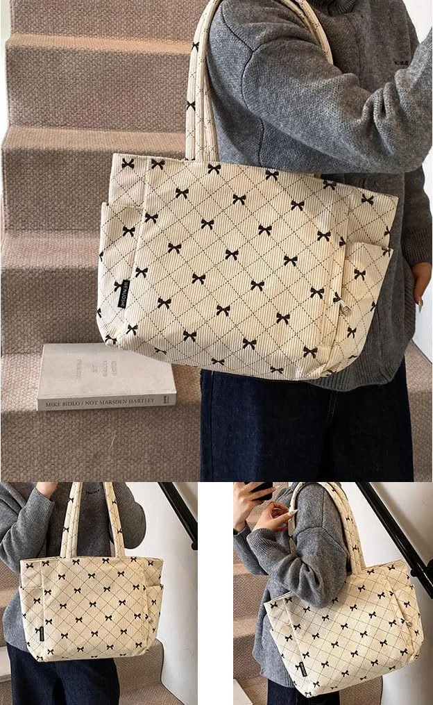 Corduroy Bow Tote Bag for Women Cute Bow Print Shoulder Purse Handbag Corduroy Underarm Bag Trendy Handbag Purse for Travel