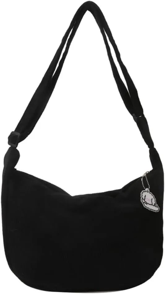 Corduroy Crescent Bag Crossbody for Women Hobo Sling Purses Bag for Men Teen Trendy Fanny Pack (black)
