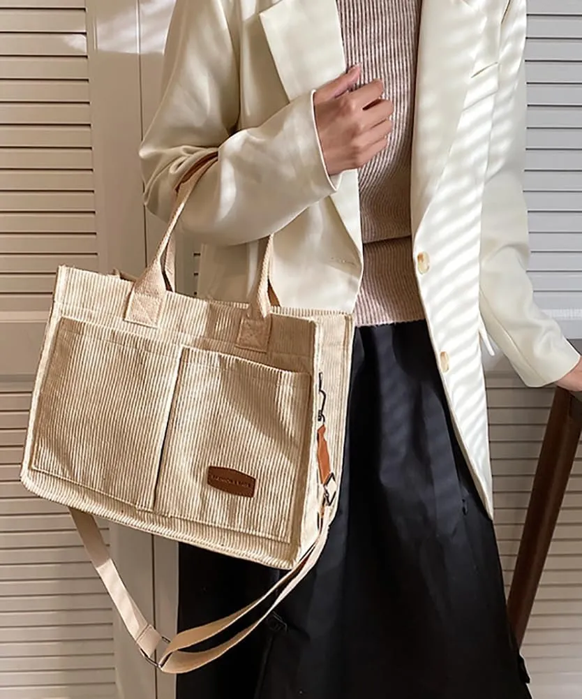 Corduroy Tote Bag for Women Fashion Multi-pocket Handbags Casual Crossbody Hobo Bag Cute Satchel Shoulder Bag 2024