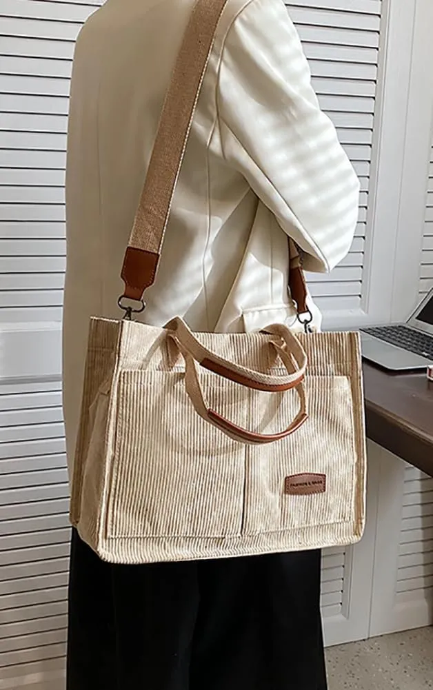 Corduroy Tote Bag for Women Fashion Multi-pocket Handbags Casual Crossbody Hobo Bag Cute Satchel Shoulder Bag 2024
