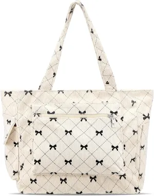 Corduroy Tote Bag for Women Large Black Bow Everyday Shoulder Bag with Pockets and Zipper Cute Bow Purse for Work Travel Vacation Business Shopping