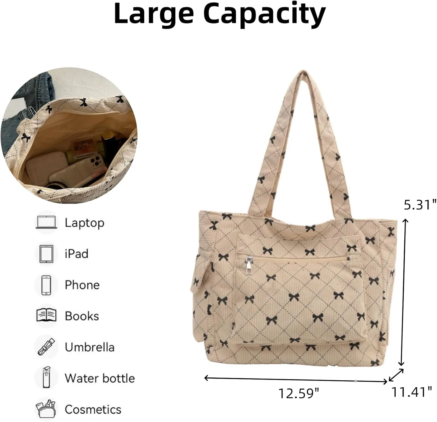 Corduroy Tote Bag for Women Large Shoulder Bag Cute Purse Work Bag for College Business Shopping