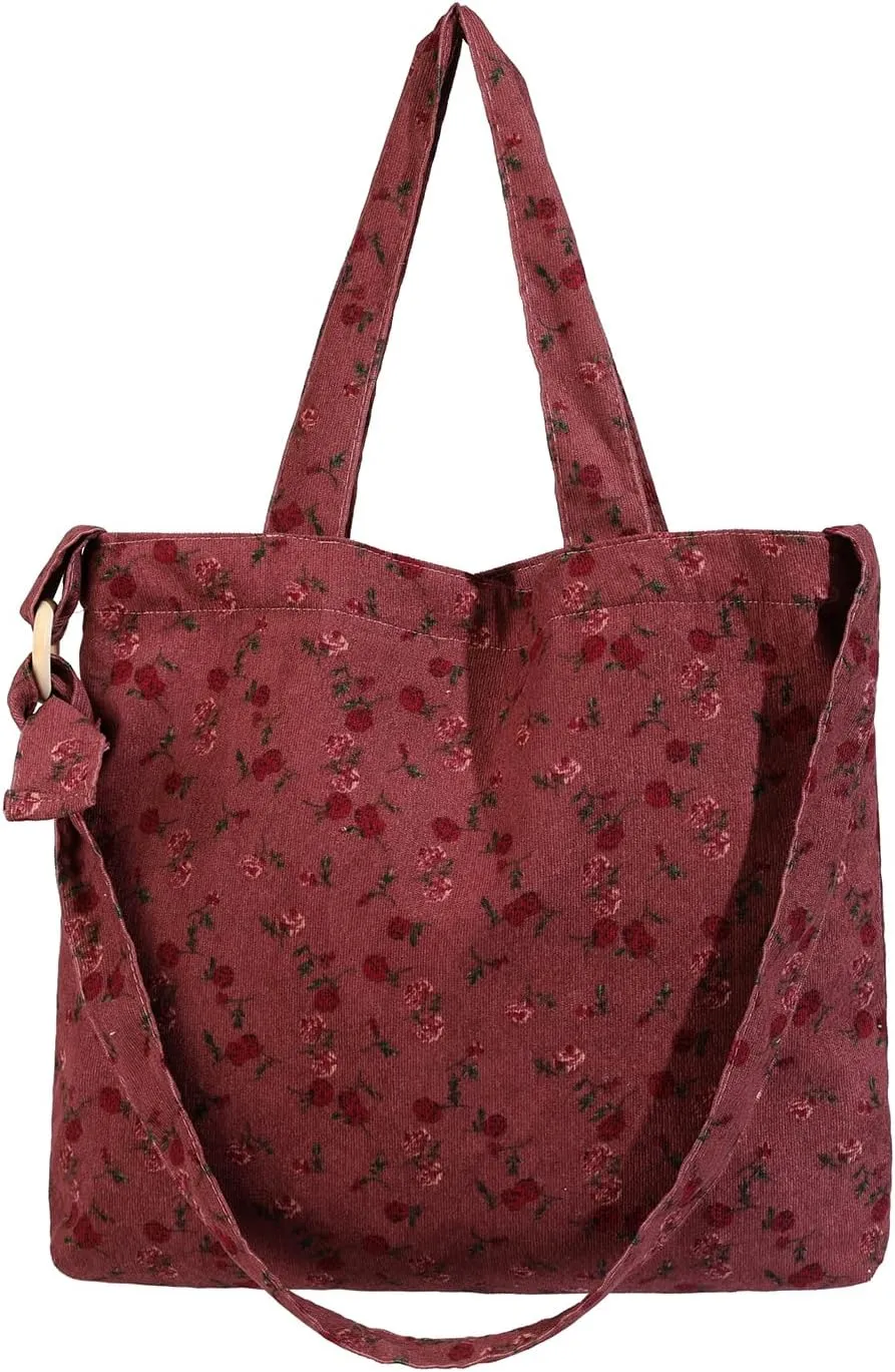 Corduroy Tote Bag for Women Large Shoulder Bag with Canvas Lining Inner Pocket Cute Crossbody bag for Work Travel