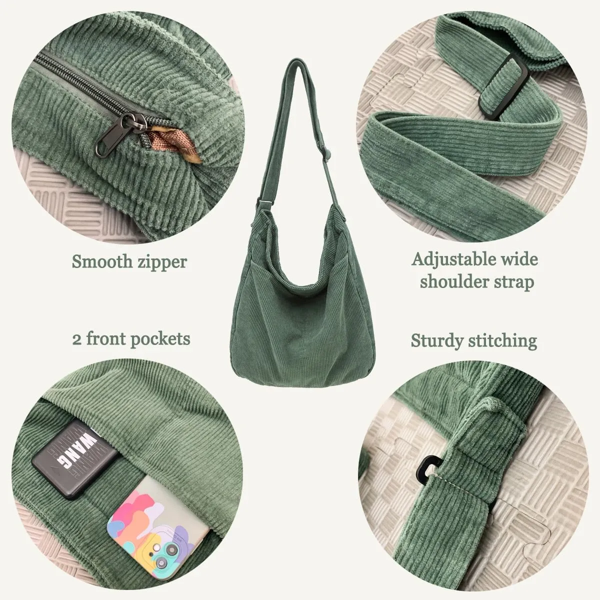 Corduroy Tote Bag for Women with Zipper,Hobo Crossbody Bags for Women Shoulder Bag Purses and Handbags