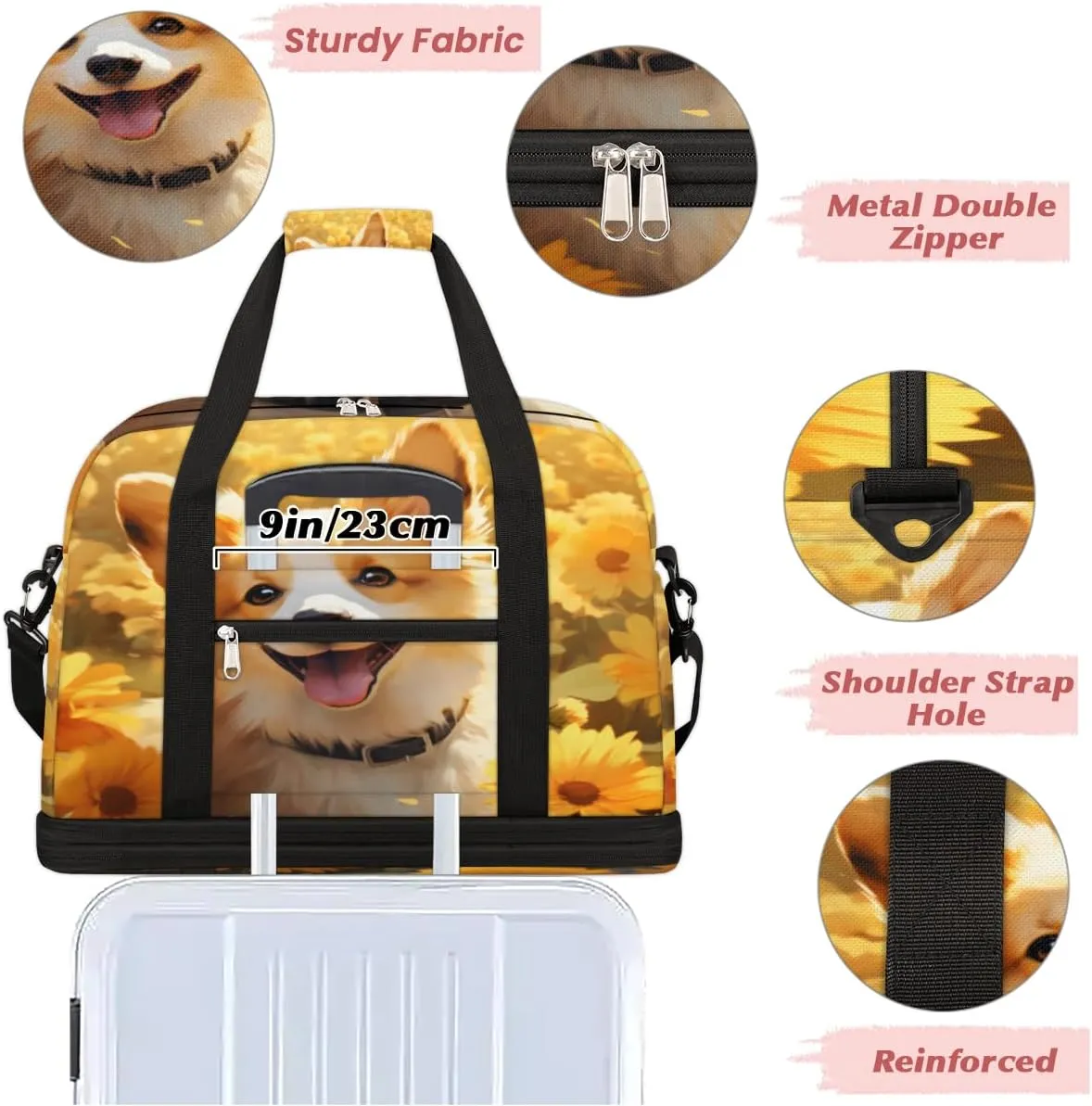Corgi Dog Printed Foldable Travel Duffel Bag Overnight Weekender Bag with Shoes Compartment Sports Gym Bag for Men Women