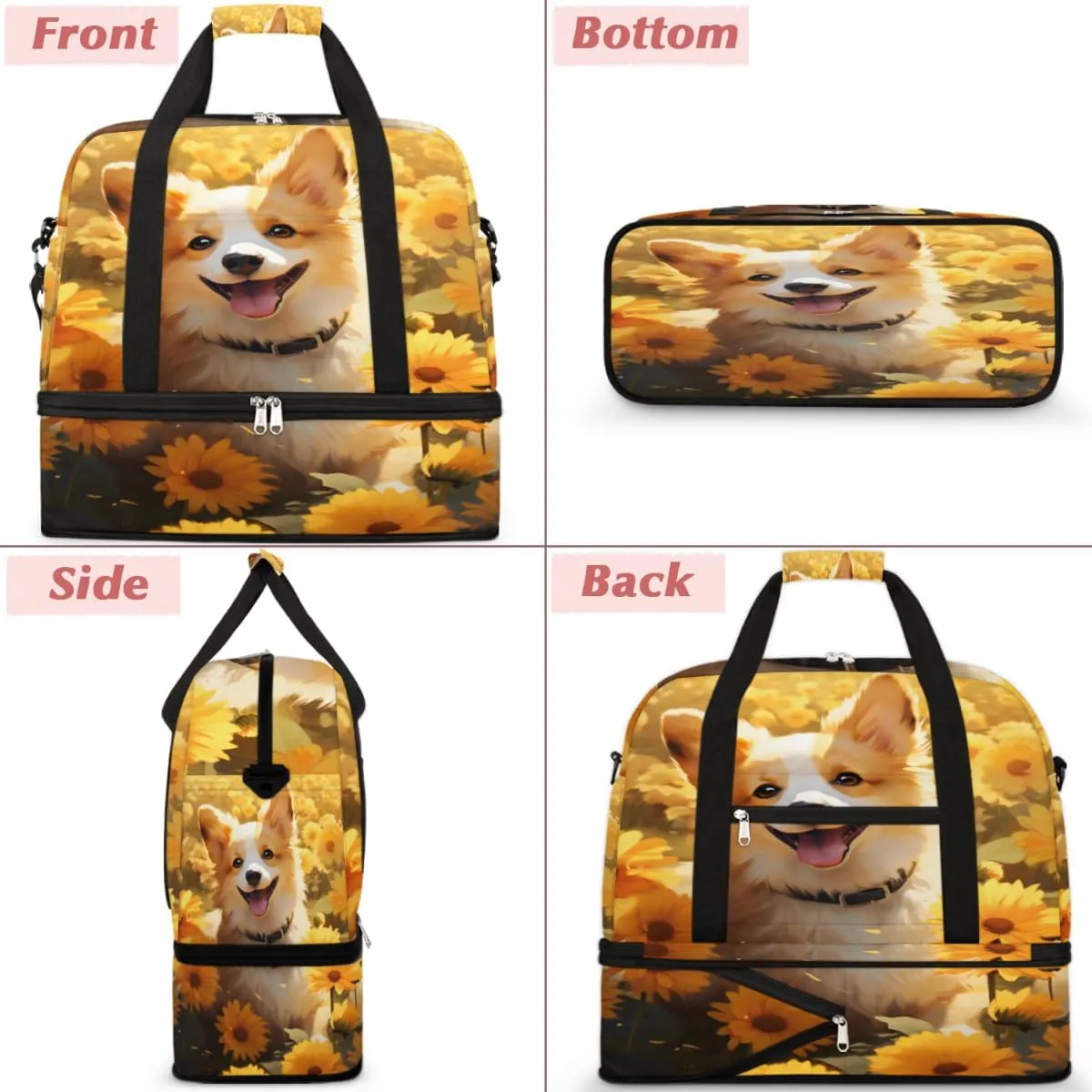 Corgi Dog Printed Foldable Travel Duffel Bag Overnight Weekender Bag with Shoes Compartment Sports Gym Bag for Men Women