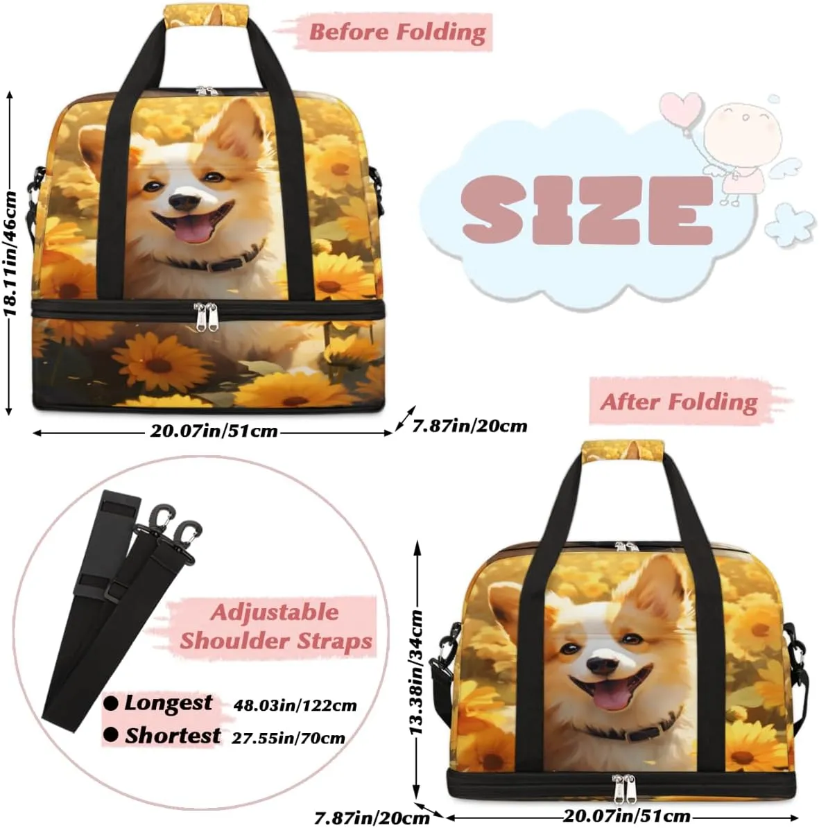 Corgi Dog Printed Foldable Travel Duffel Bag Overnight Weekender Bag with Shoes Compartment Sports Gym Bag for Men Women