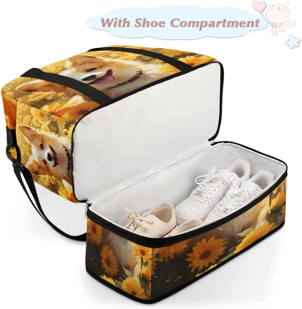Corgi Dog Printed Foldable Travel Duffel Bag Overnight Weekender Bag with Shoes Compartment Sports Gym Bag for Men Women