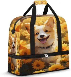 Corgi Dog Printed Foldable Travel Duffel Bag Overnight Weekender Bag with Shoes Compartment Sports Gym Bag for Men Women
