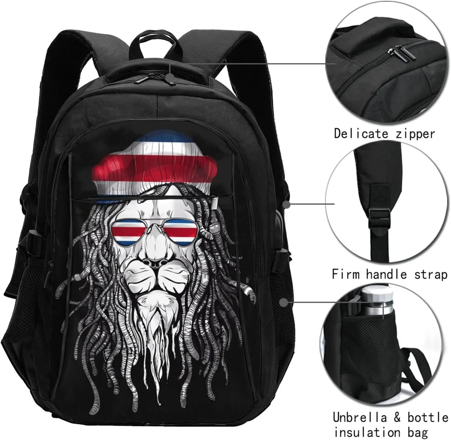 Costa Rica Flag Lion Travel Backpacks Casual Backpack Large Capacity Laptop Rucksack Luggage Daypacks with USB Charging Port Multi-Pockets Bags for Hiking