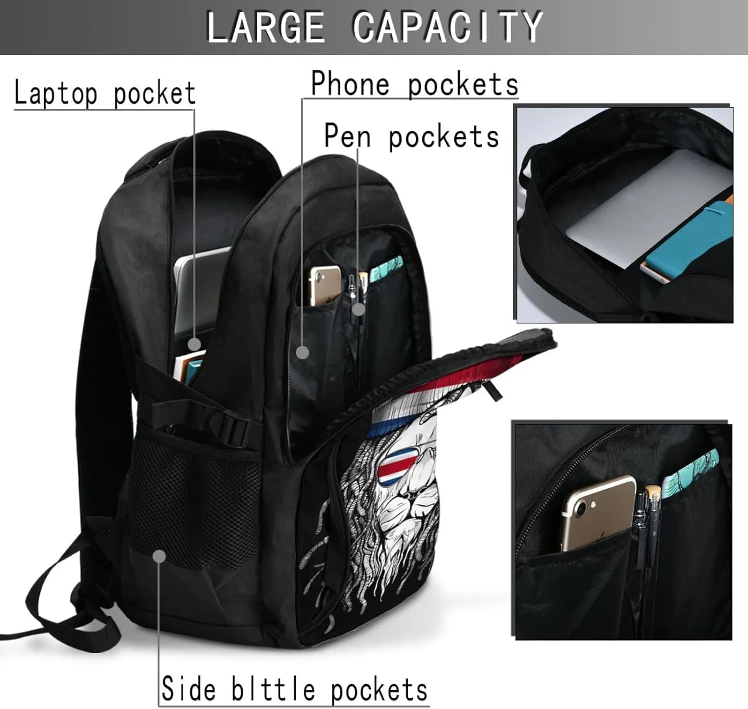 Costa Rica Flag Lion Travel Backpacks Casual Backpack Large Capacity Laptop Rucksack Luggage Daypacks with USB Charging Port Multi-Pockets Bags for Hiking