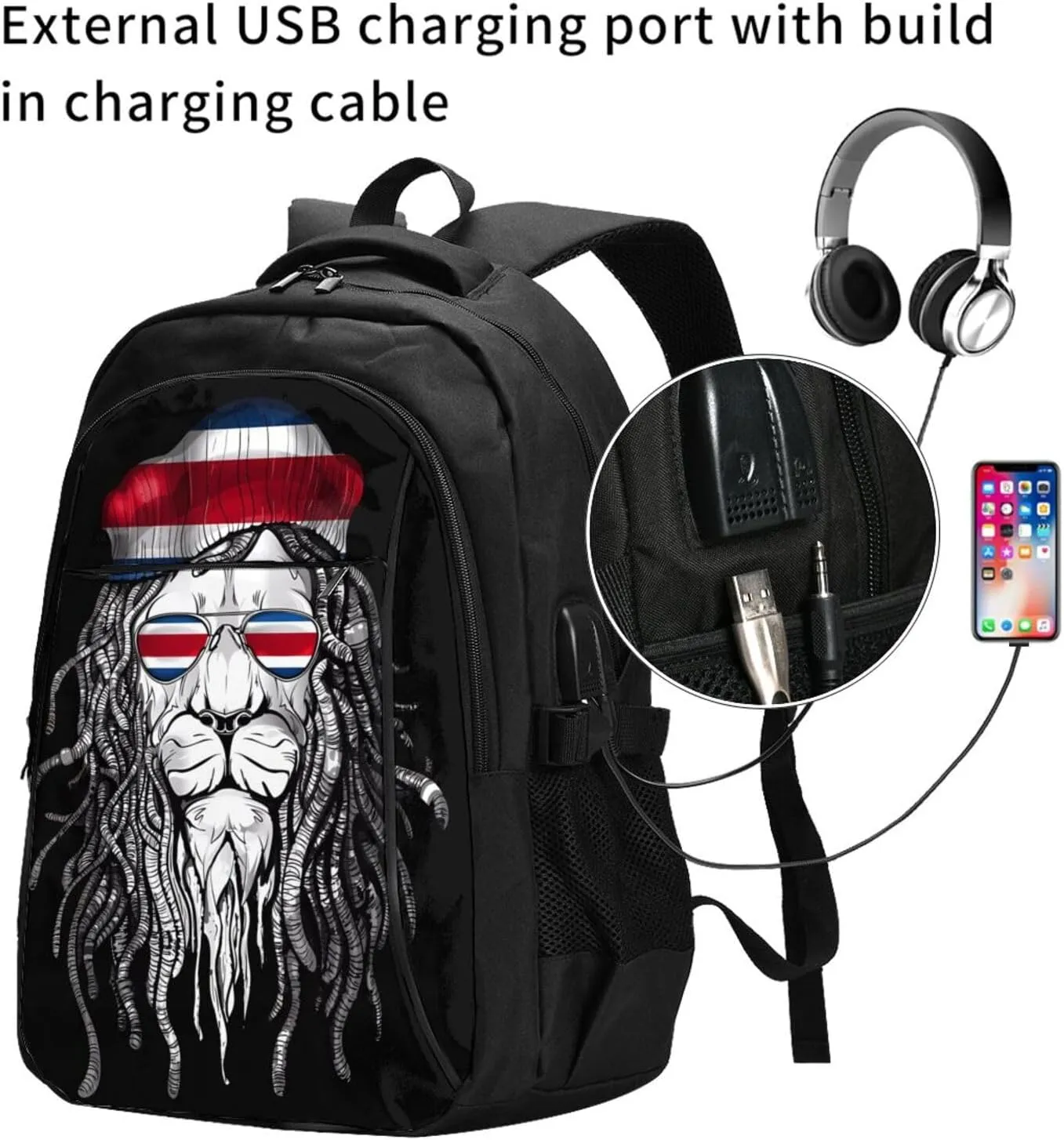 Costa Rica Flag Lion Travel Backpacks Casual Backpack Large Capacity Laptop Rucksack Luggage Daypacks with USB Charging Port Multi-Pockets Bags for Hiking