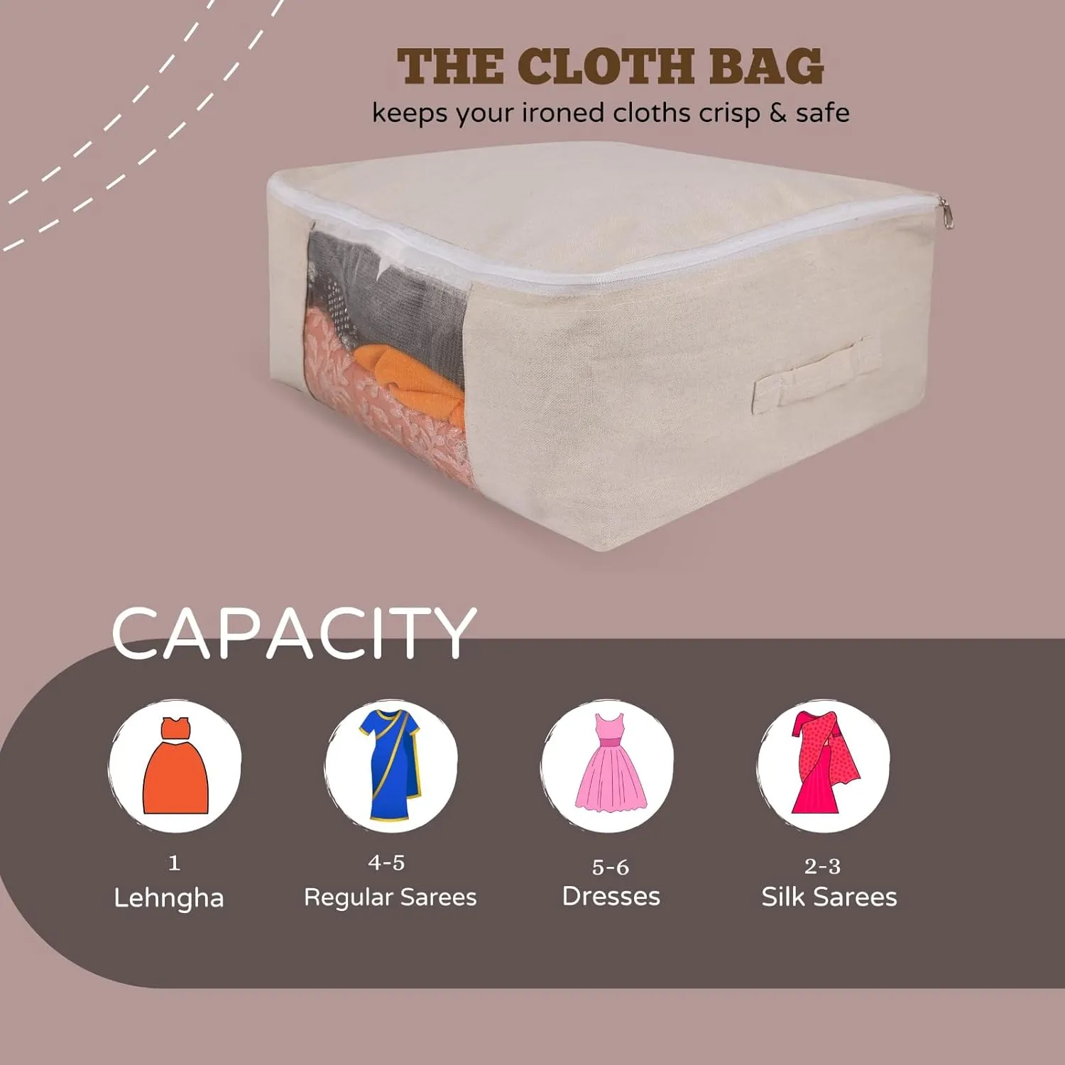 Cotton Canvas Clothes Storage Bags Saree Covers For Storage Saree Covers with Zip for Storage Design for Woman Dresses, Sarees, Lehengas for Wardrobe Organizer (2, COTTON BEG(17 x 14 x 7 Inch))