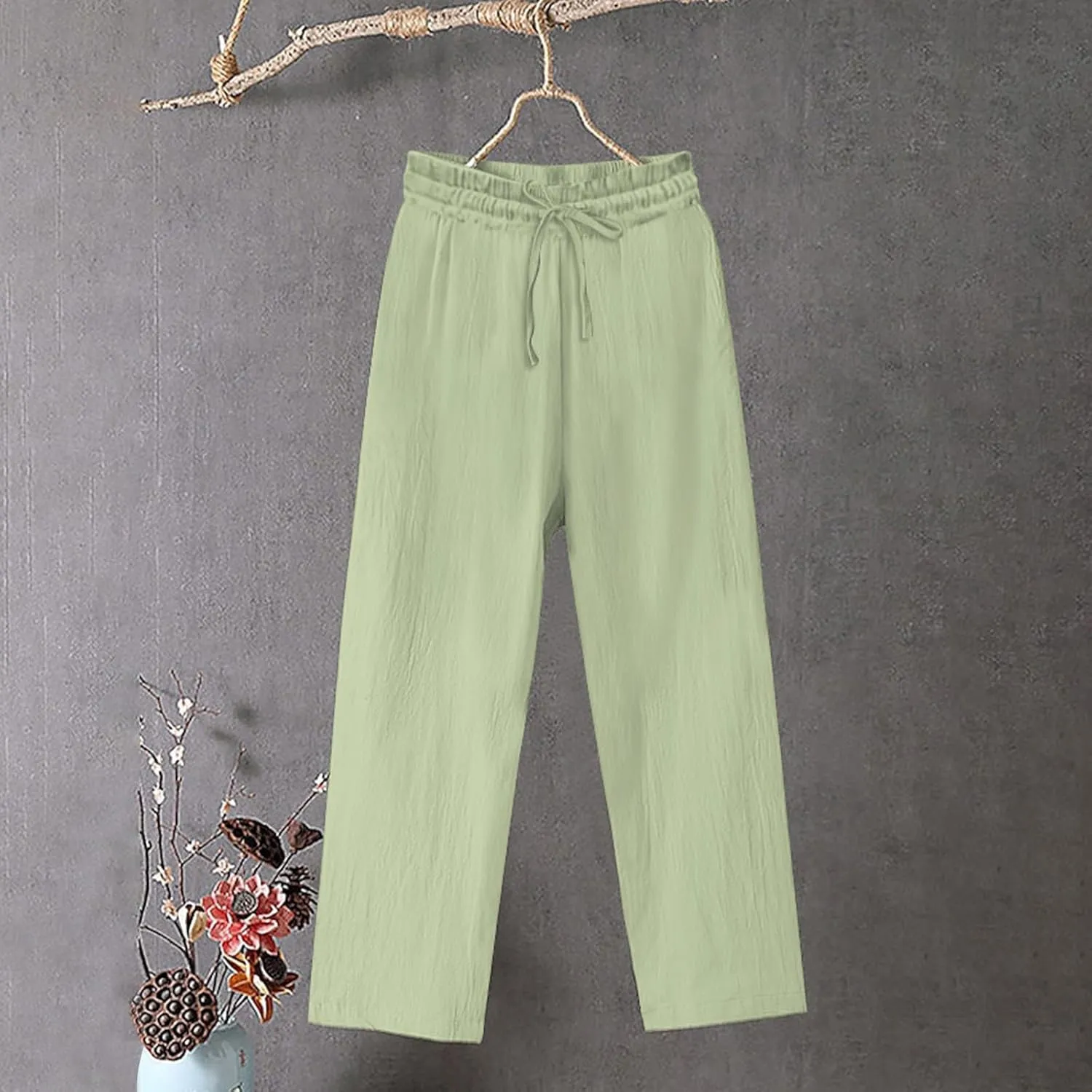Cotton Linen Wide Leg Pants for Women High Waisted Slacks Lounge Baggy Flowy Palazzo Pants Casual Beach Trousers